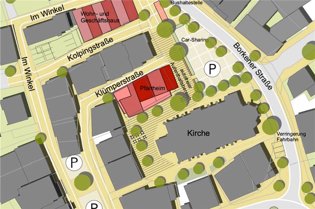 Martin Tesing: „Rahmenplan Ortsmitte kommt auf Zielgrade“ – Das sind die Ideen Die Pläne für den Kirchring sehen einen etwas kleineren Parkplatz und eine Mobilstation, vielleicht auch ein Carsharing, vor.