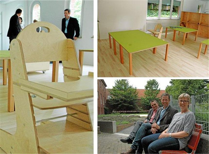 Kinderheilstätte: Neue Räume für Kita-Gruppen Die Räume für die neue Kindergartengruppe der Kinderheilstätte sind fast fertig. Bürgermeister Dietmar Bergmann (unten rechts, v.l.), Thomas Pliquett, kaufmännischer Leiter der Kinderheilstätte und Familienbeauftragte Klara Döbbelin-Südfeld haben sich umgesehen.