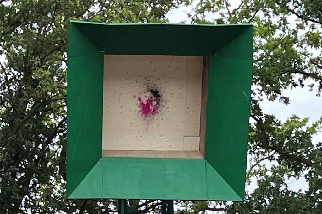 Die Reste der pinken Vogelfedern hängen nach dem finalen Schuss noch an der Stange 