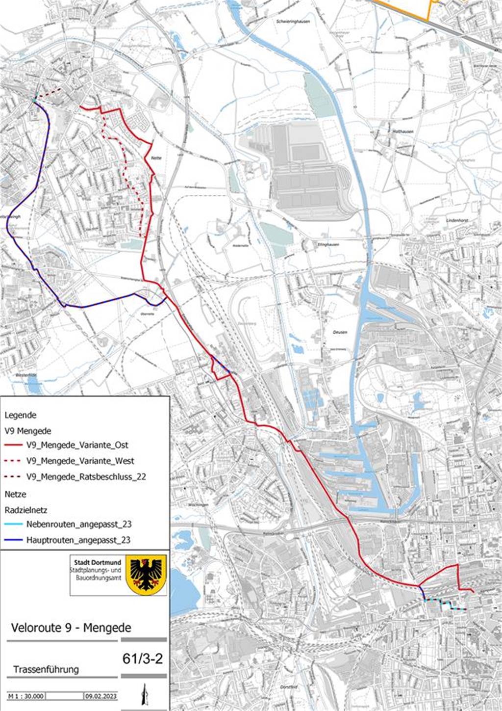Neue Pläne für die Veloroute nach Huckarde und Mengede Karte von der Planung für den Verlauf der Veloroute 9 von der Dortmunder City über Huckarde nach Mengede.