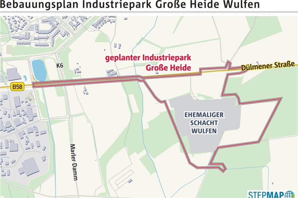 Dieses Industriegebiet hieße für Anwohner: Mehr Lkw und Lärm im „kritischen Bereich“ Die rote Linie umfasst das Areal des Bebauungsplans für das neue Industriegebiet in Wulfen.