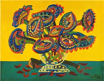 Die „Roten Sonnenblumen“ (1950) von Josef Scharl sind eine Leihgabe aus der Sammlung Nierendorf, die auf den ersten Galeristen des Malers in Berlin zurückgeht.