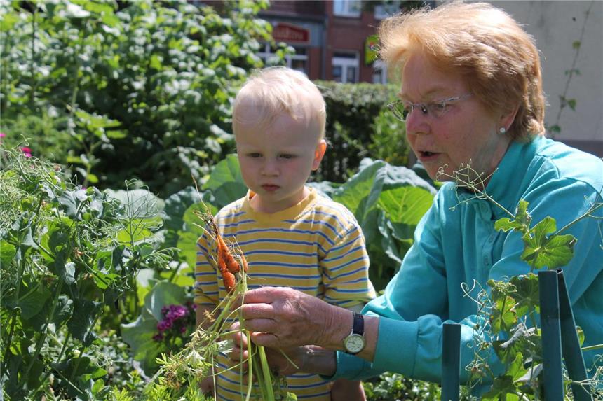 Der Garten als Arbeitsgemeinschaft Die selbst gezogenen Möhren zeigt Ingrid Horstmann ihrem Enkel Linus.