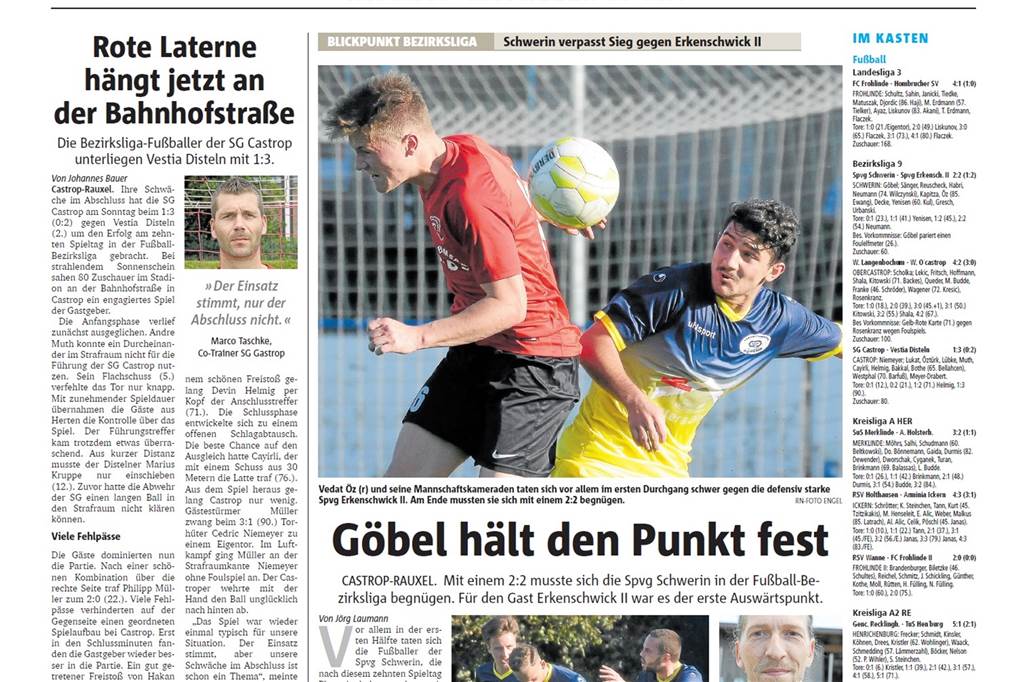 Zurückgeblättert: FC Frohlinde war Castrop-Rauxeler Speerspitze als frischer Landesligist Die SG Castrop war im Oktober 2017 Bezirksliga-Schlusslicht. Die Spvg Schwerin hatte einen guten Keeper.