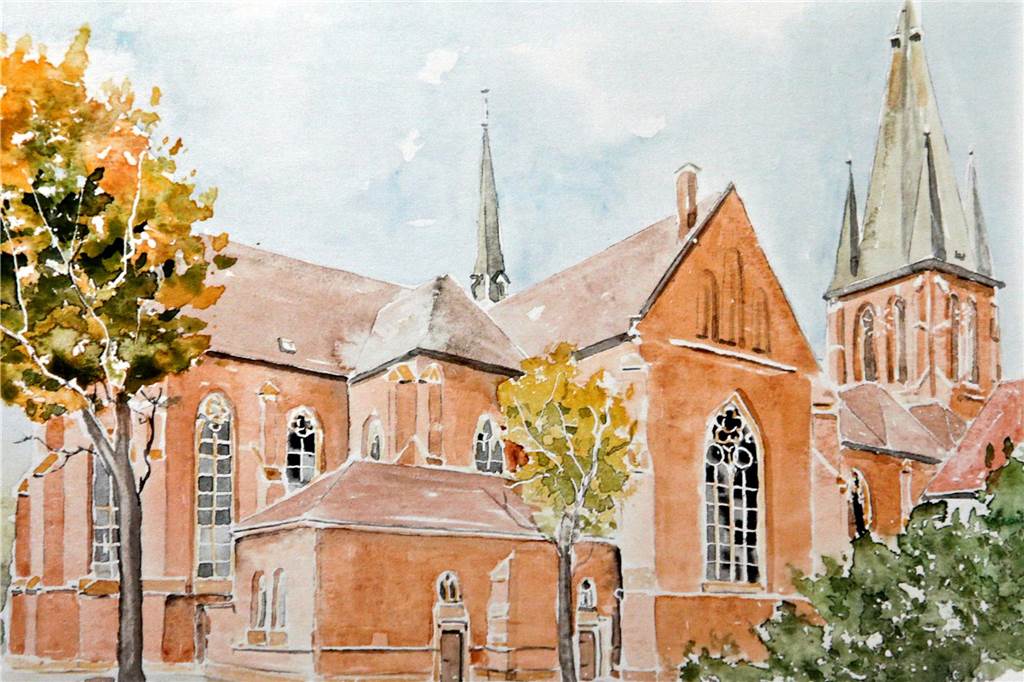 Hexenbuchen und der „Griese Mönch“: Manfred Vorholt malt für Klara Die Sixtuskirche hat Manfred Vorholt im Klara Kalender 2025 aus rückwärtiger Perspektive dargestellt.