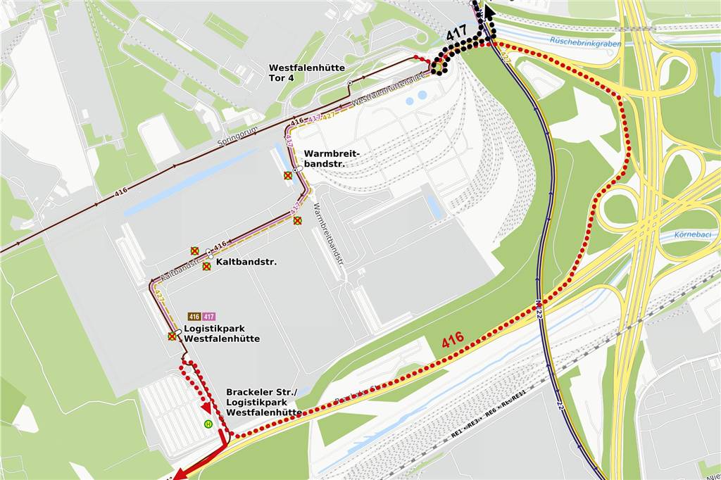 Lkw-Chaos zu Weihnachten: Wild parkende Laster stoppen Busverkehr Die Skizze zeigt den alten und neuen Linienweg der DSW21-Busse zum Logistikpark Westfalenhütte.