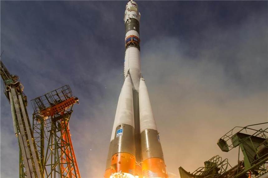 Vertrag für US-Nutzung von russischen Raumkapseln endet Die Sojus-FG Startrakete mit dem Raumfahrzeug Sojus startet zur Internationalen Weltraumstation von dem Kosmodrom in Baikonur. Foto: Joel Kowsky/NASA