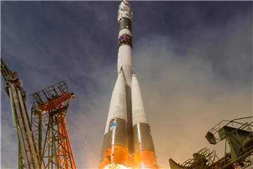 Die Sojus-FG Startrakete mit dem Raumfahrzeug Sojus startet zur Internationalen Weltraumstation von dem Kosmodrom in Baikonur. Foto: Joel Kowsky/NASA
