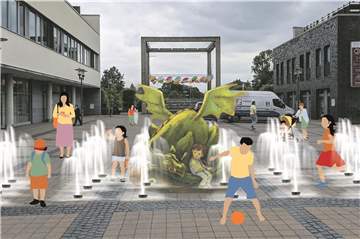 Die SPD wünscht sich ein begehbares Wasserspiel für Kinder mit einer Romanfigur von Cornelia Funke für die Dorstener Innenstadt und bringt dafür den Platz der Deutschen Einheit ins Spiel. So könnte ein Fontänen-Feld mit ihrem "Mondscheindrachen" aussehen.