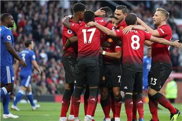 Die Spieler Manchester United jubeln nach dem Tor zum 1:0 gegen Leicester. Foto: Nick Potts/PA Wire