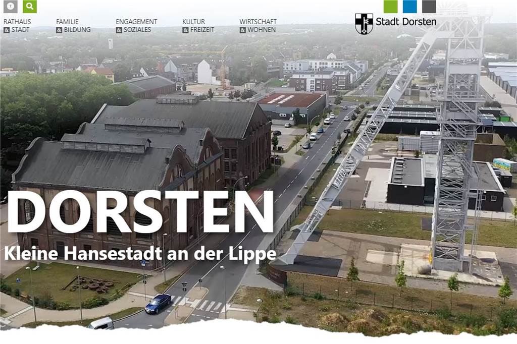 Stadt Dorsten „entrümpelt“ ihre Homepage und beruhigt Design und Struktur Die Startseite der Homepage zeigt unter anderem das Zechengelände Fürst Leopold.
