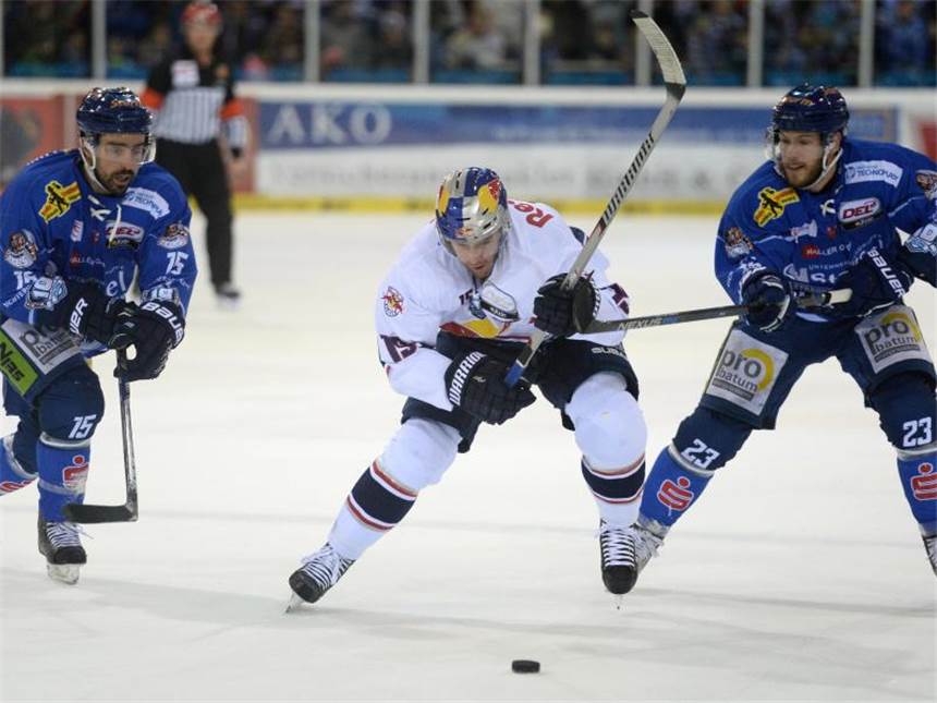 EHC verpasst vorerst Sprung ins DEL-Halbfinale Die Straubinger Steven Zalewski (l) und Maury Edwards (r) kämpfen mit Jason Jaffray vom EHC München um den Puck. Foto: Andreas Gebert