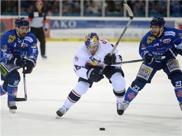 Die Straubinger Steven Zalewski (l) und Maury Edwards (r) kämpfen mit Jason Jaffray vom EHC  München um den Puck. Foto: Andreas Gebert