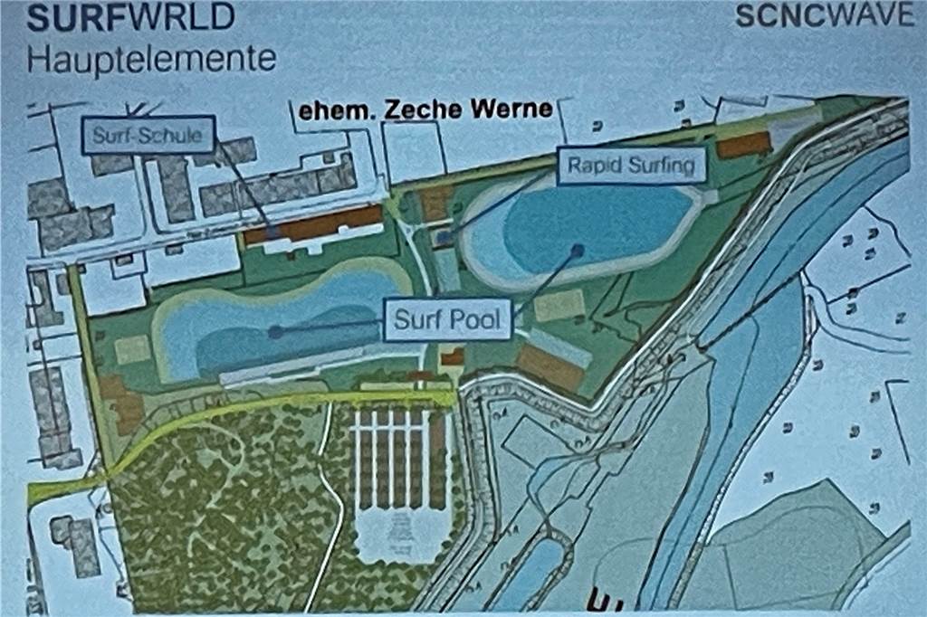 Bergkamen verlangt Lösung für Verkehrslärm durch die Surfworld Ein Plan der Surfworld in Werne.