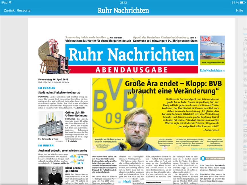 Acht Seiten über den Klopp-Abschied in der eZeitung Die Titelseite der Abendausgabe. Wir berichten in unserer eZeitung heute auf acht Seiten über den Klopp-Abgang.