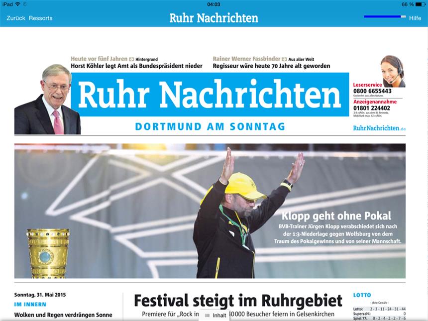 Sonntagszeitung mit sieben Seiten zum DFB-Pokalfinale Die Titelseite der digitalen Sonntagszeitung.