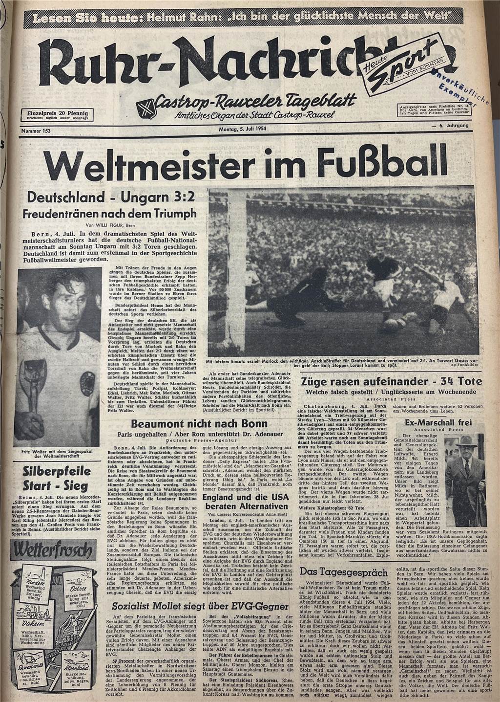 Als 1954 Pferderennen und WM-Endspiel auf einen Tag fielen Die Titelseite der Ruhr Nachrichten Castrop-Rauxel nach dem Sieg der Weltmeisterschaft in Bern.