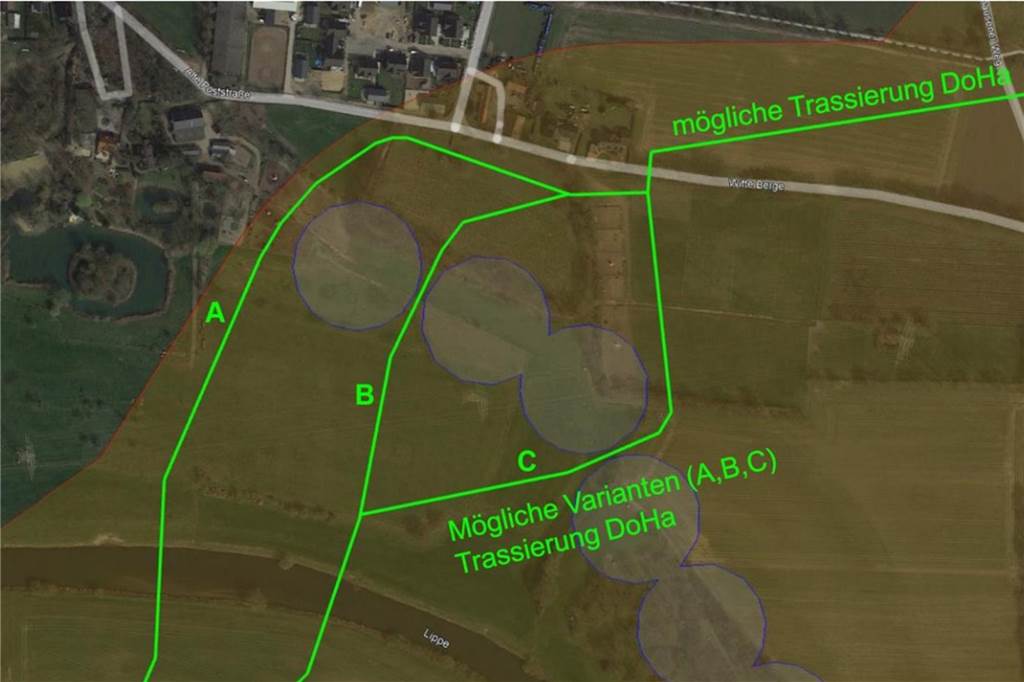 Korridor für Wasserstoffleitung Dorsten-Hamborn steht fest Die Trassenvariante A für die geplante Wasserstoffleitung würde die Trinkwasserbrunnen umgehen, aber auch sehr nah ans Gewerbegebiet heranrücken.