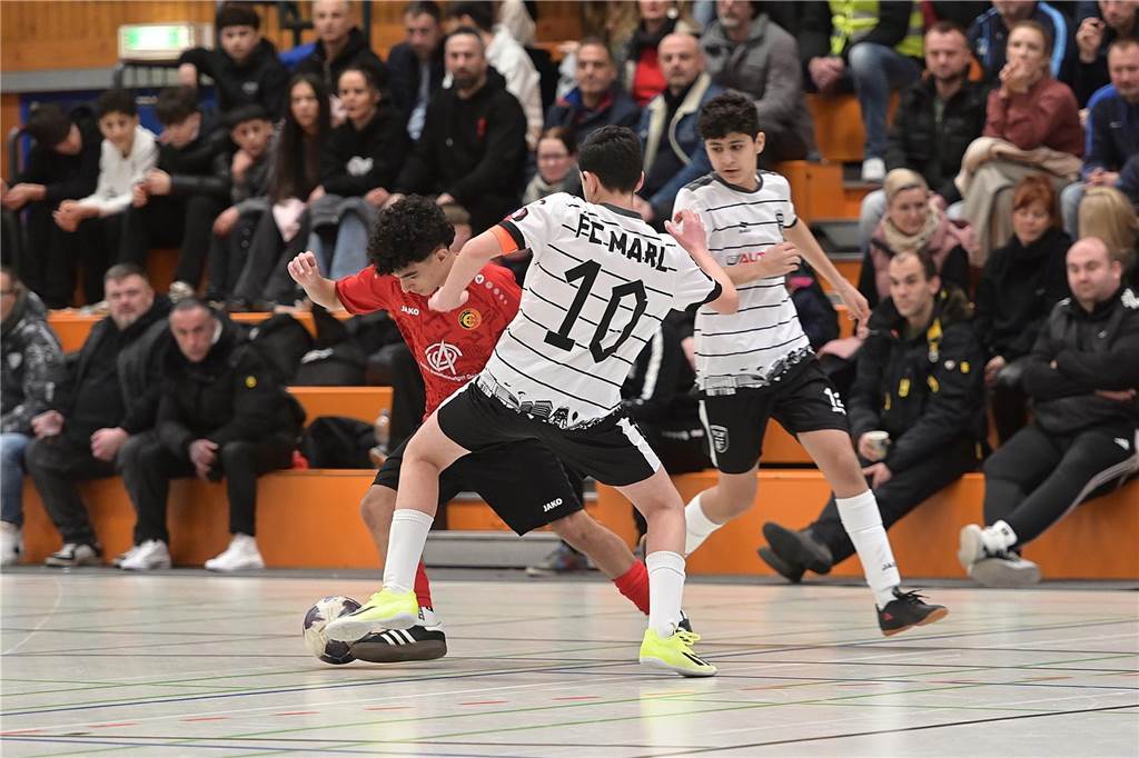 Die U15-Jungs des VfB Waltrop haben ihren 2024 gewonnenen Kreismeistertitel in der Halle souverän verteidigt. Dass die Regionalliga-Mannschaft vom Hirschkampstadion das Finale erreichen würde, war keine Überraschung. Ebenso wenig, dass der Gegner im Endspiel Gastgeber Spvgg. Erkenschwick hieß. Die beiden klassenhöchsten Teams marschierten mühelos durch die Gruppenspiele und das Halbfinale. Im Endspiel zeigten die Waltroper den „Schwickern“ mit 5:0 die Grenzen auf. Im kleinen Finale zuvor besiegte 1. SC BW Wulfen den TuS Haltern und sicherte sich Platz drei.