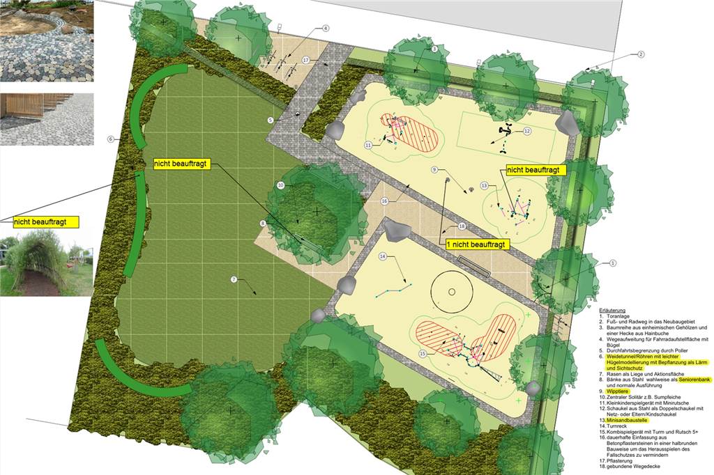 Sparen: Spielplatz in Burlo-West ohne Sandbaustelle und Weidentunnel Die überarbeitete Spielplatzplanung wurden in der Ratssitzung am 22. Juni noch einmal vorgestellt. Gelb gekennzeichnet sind die Einsparmaßnahmen, die jederzeit „nachgerüstet“ werden können.