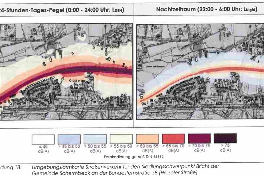 Schermbecker Planungsausschuss befasst sich mit dem Lärmaktionsplan Die Umgebungslärmkarte für den Siedlungsschwerpunkt Bricht zeigt, wie hoch die Dezibelzahl in dem Bereich ist.
