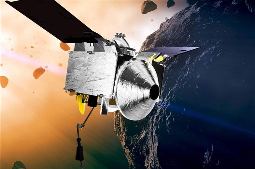 Sonde „Osiris Rex“ fotografiert erstmals ihr Ziel Die undatierte künstlerische Darstellung zeigt die Sonde Osiris Rex in der Nähe des Asteroiden Bennu. Foto: NASA/dpa