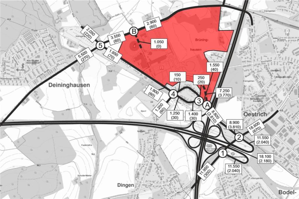 Die Verkehrs-Prognose für das Knepper-Gelände (rot markiert) sieht für den Deininghauser Weg (oben links) 2000 Verkehrsbewegungen, darunter 220 LKW-Fahrten täglich vor.
