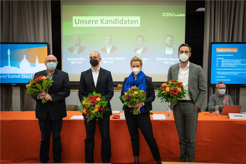 Ministerin will für Dortmund in den Landtag – und hat starke Gegenkandidatin Die vier Landtagskandidaten der CDU: (v.l.) Andreas Flur, Alexander Omar Kalouti, Ina Brandes und Matthias Nienhoff.