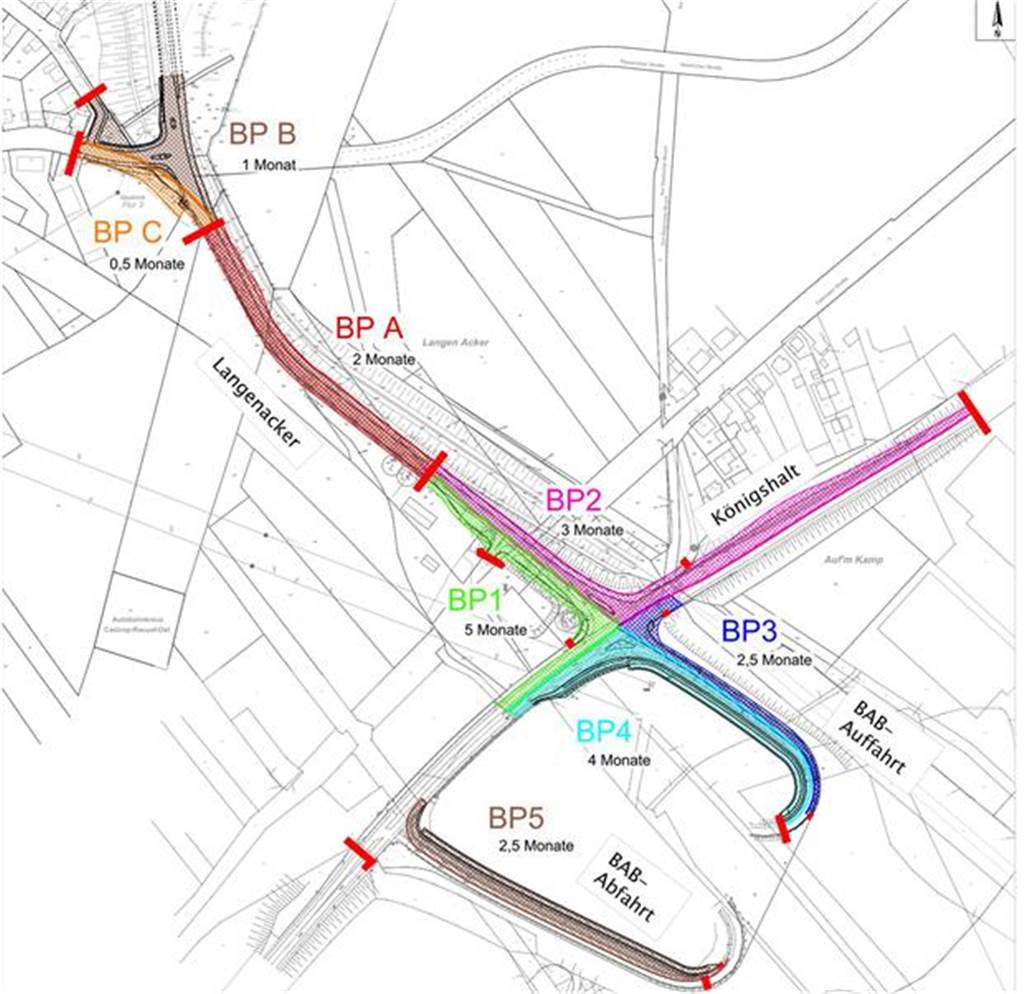 Ausbau des Langenackers zum Segro Park Dortmund beginnt erst 2025 Karte von Langenacker und Autobahnanschluss Dortmund-Bodelschwingh mit farblicher Visualisierung der Ausbau-Bauphasen.