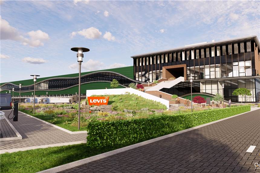 Baugenehmigung erteilt: US-Konzern Levi‘s startet Millionenprojekt in Dorsten Die Visualisierung zeigt den Entwurf für das Distributionszentrum, das in gut zwei Jahren den Betrieb aufnehmen soll.