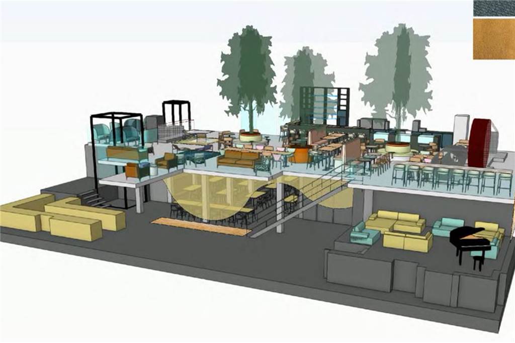 Erste Küche ist da: Endspurt für große Gastro-Pläne auf Kokerei Hansa Die Visualisierung zeigt einen Schnitt durch das Gebäude der früheren Gastiefkühl-Anlage mit dem Restaurant "Schwarzgold" (unten) und dem "Butterraum" mit Lounge (oben).