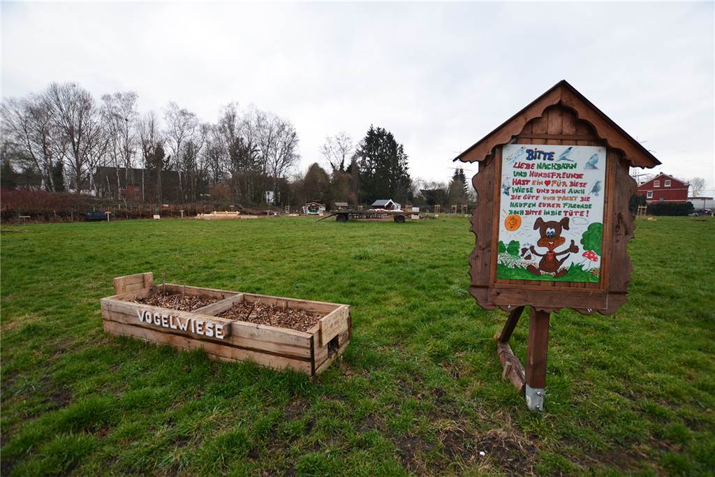 Die Vogelwiese ist eine von den Anwohnern gestaltete Natur- und Grünfläche. Die Kinder des Viertels haben hier reichlich Raum zum Spielen. Rechts verläuft die Straße Erlenkamp.