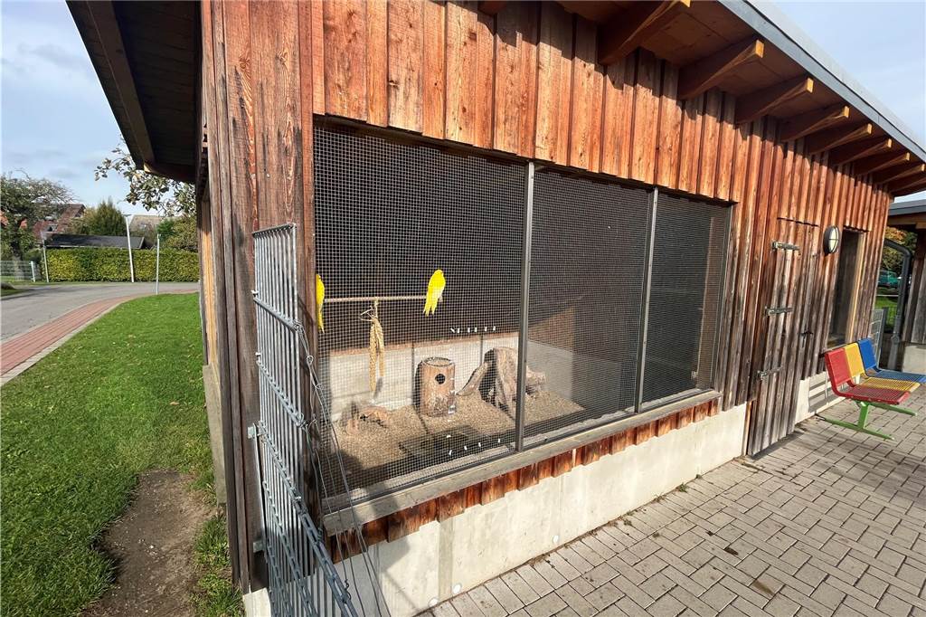 Bunte Vögel an Kinderheilstätte gestohlen: „Eine ganz miese Nummer“ Die Voliere ist für jeden von außen zugänglich, das haben die Diebe ausgenutzt und ein Loch in das Gitter geschnitten.