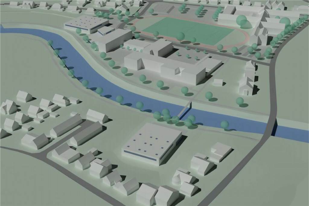 Schulzentrum: Brückenbau und eine Zweifachhalle jenseits der Berkel Die vom Rat verabschiedete Widukindstadion-Variante mit einer Zweifachhalle auf der anderen Berkelseite.