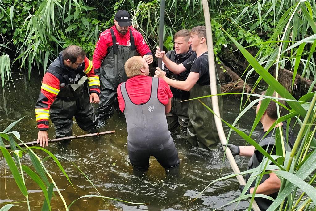 Spezialarbeiten in der Dinkel: Angelverein und Feuerwehr im Einsatz Die von Angelverein und Feuerwehr eingebrachten Holzpfähle in der Dinkel sollen dazu beitragen, dass mehr Sediment mit der Strömung mitgerissen wird. Das ist auch mit Blick auf den Hochwasserschutz wichtig.