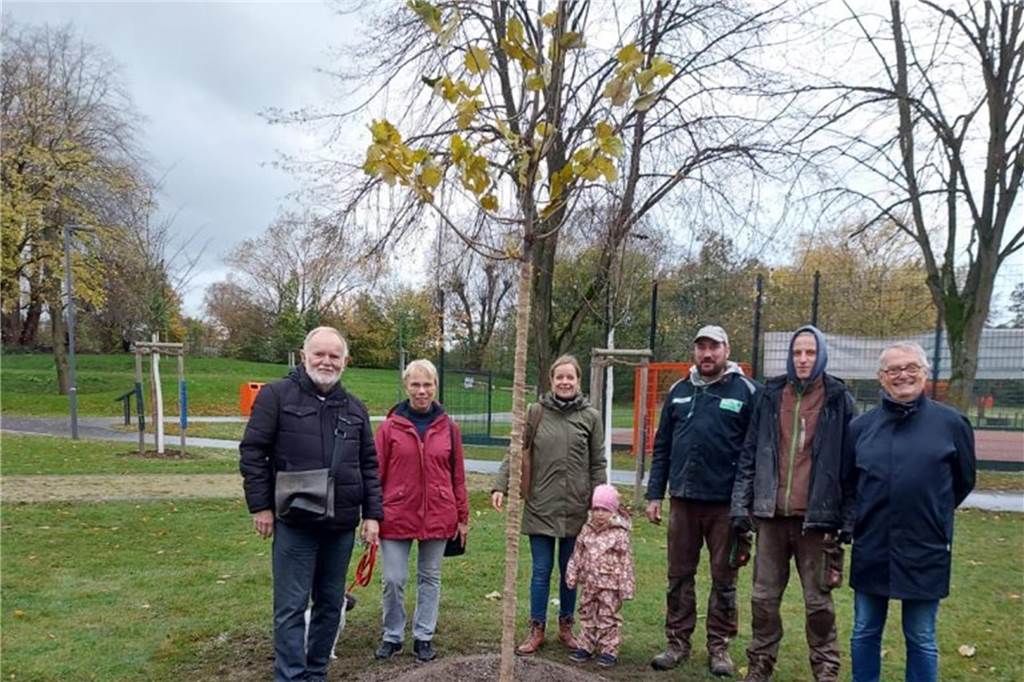 Denkmal für Menschenrechte: Amnesty-Gruppe schenkt Baum und Stele Die von der Dorstener ai-Gruppe gestiftete Silberlinde im Bürgerpark fand dank Unterstützung von Park-Bürgermeister Hans Kratz und der Mithilfe von Baumpflanzern der Firma Habsch einen festen Platz.
