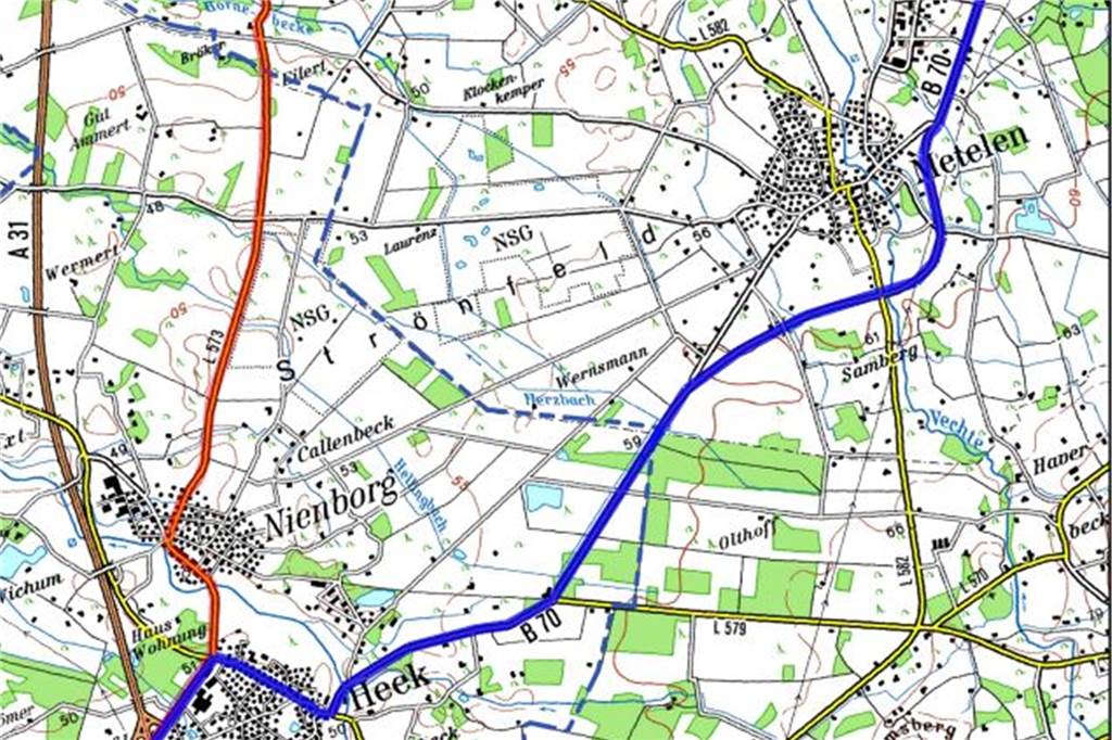 Bei Vollsperrung der A31 droht in Heek großes Verkehrschaos Die von der Verwaltung präferierte Umleitung durch den Ortsteil Heek wäre zehn Kilometer länger als die bisherige durch Nienborg.