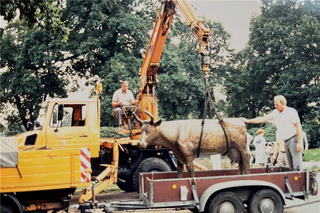Geschenk zum Stadtjubiläum: Halterns erste Kuh, die keine Milch gibt Die von Künstler Joseph Krautwald aus Rheine geschaffene Kuh wird an der Hullerner Straße abgeladen.
