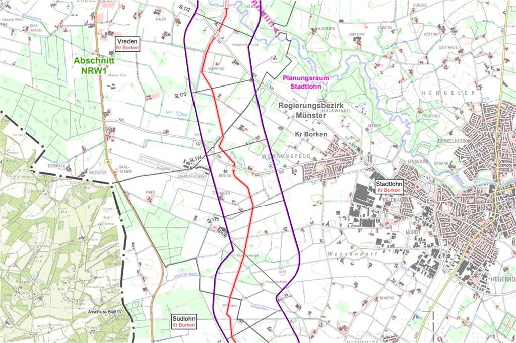 Energiewende: Stromtrasse reißt auch in Stadtlohn breiten Graben auf Die Vorschlagstrasse (rot) für die neue Höchstspannungsleitung Amprion A-Nord verläuft von Vreden kommend westlich von Stadtlohn nach Südlohn.