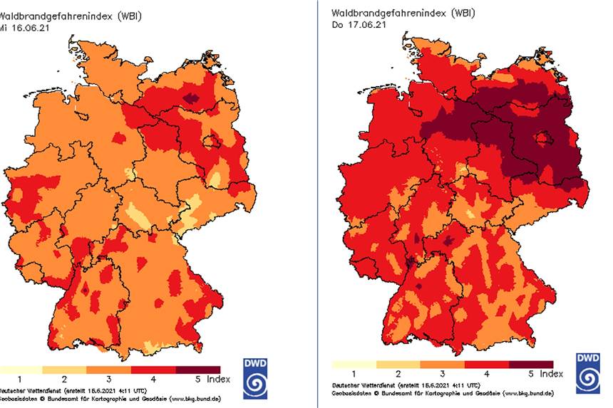 Bis zu 36 Grad: Feuerwehren warnen vor Hitze und Waldbrandgefahr Die Waldbrandgefahr erhöht sich von Mittwoch (links) zu Donnerstag (rechts) in weiten Teilen Deutschlands.