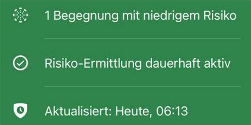 Guten Morgen: Corona-Kontakt im Vorbeifahren Die Warnungen der Corona-App wechseln von grün in rot, wenn es zu einer Risikobegegnung gekommen ist.