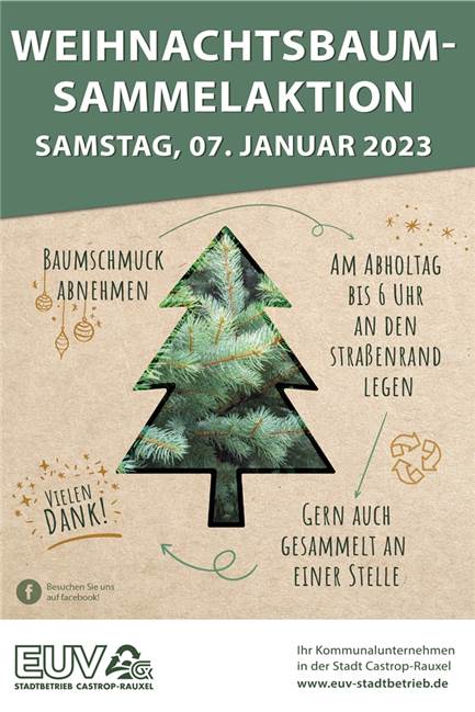 Weihnachtsbäume entsorgen: Stadtweite Sammelaktion im Januar Das Plakat des EUV zur Weihnachtsbaum-Sammelaktion 2023 in Castrop-Rauxel.