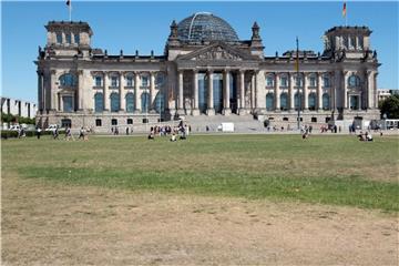 Die Wiese vor dem Reichstag ist durch die anhaltende Hitze in großen Teilen verdorrt. Foto: Paul Zinken