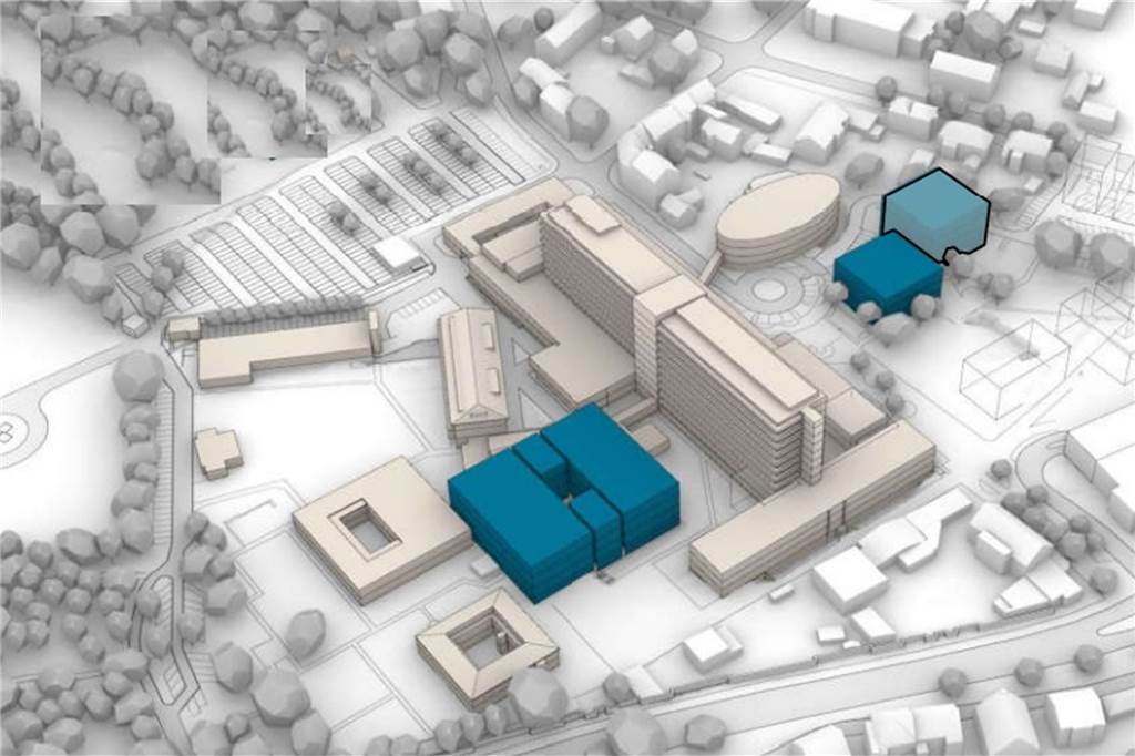 Neue Pläne fürs St. Marien Hospital : „Wollen uns Zukunft nicht verbauen“ Die Zukunftsplanung für ein neues Krankenhaus soll in Modulen erfolgen. Erster Schritt könnte der Neubau des OP über der jetzigen Klinik-Apotheke (blau zur Lippe hin) sein. Verwaltung, Andachtsraum und Caféteria würden dann in den E-Bau und die ehemaligen Krankenpflegeschule verlegt.