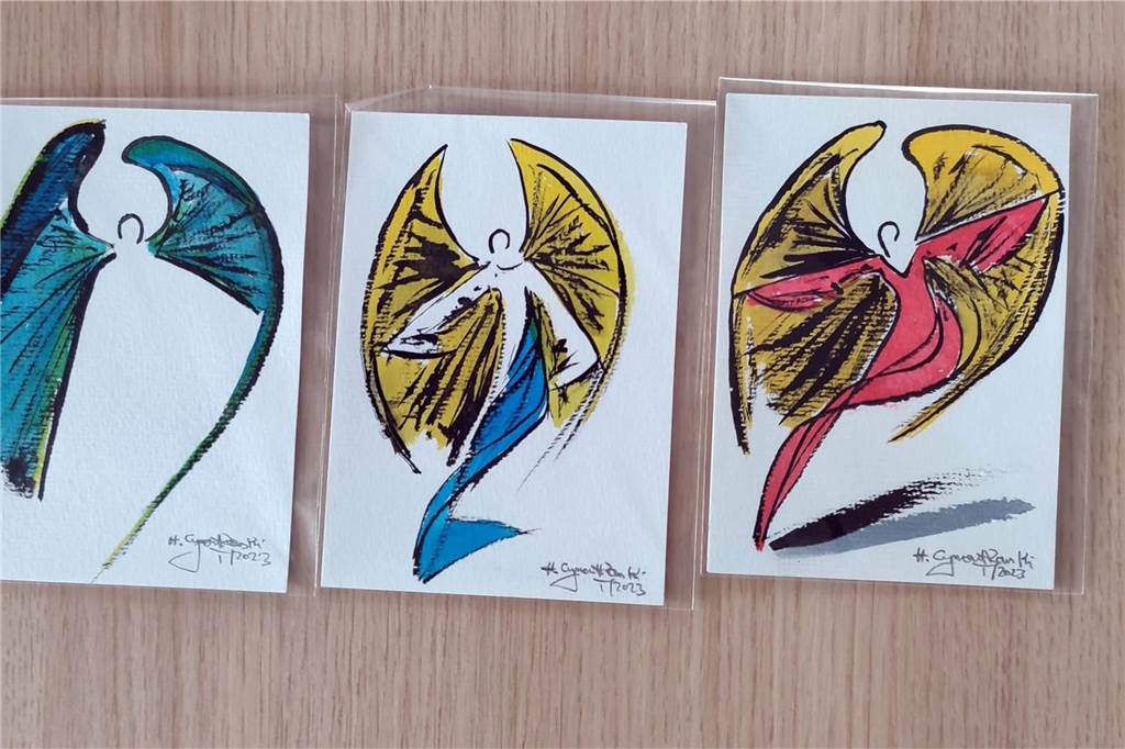 Engel-Bilder von drei bekannten Selmer Künstlern werden versteigert Diese Bilder von Heinz Cymontkowski werden bei der Stadtwette auf dem Adventsmarkt in Selm versteigert.