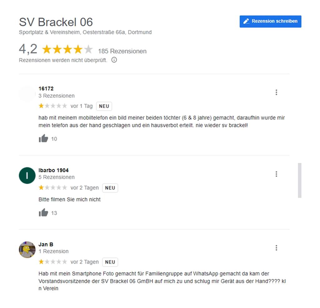 Nach Verwirrung um Groundhopper-Screenshot – SV Brackel hat Probleme bei Google Diese Fake-Rezensionen bereiten dem SV Brackel aktuell bei Google Probleme.