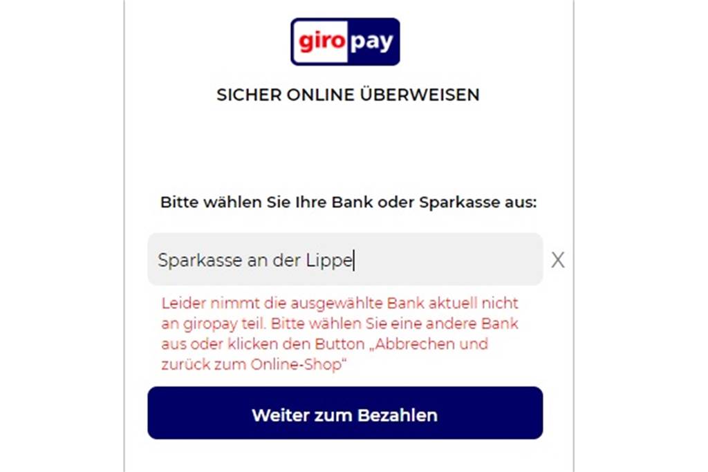 Verwirrung beim Online-Ticketkauf fürs Freibad Cappenberger See in Lünen Diese Fehlermeldung erhielten Kunden der Sparkasse an der Lippe, wenn sie den Namen ihrer Bank eingaben.