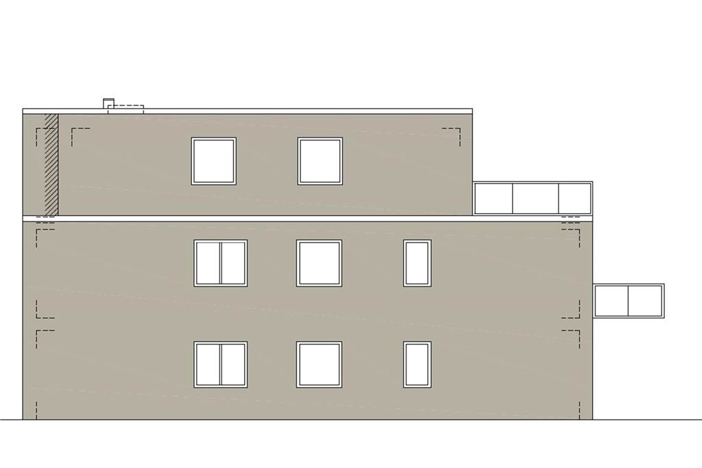 Straßenzug verändert sich: Zwei Neubauten an der Werner Straße Von Süden aus betrachtet hat das Haus im Erdgeschoss und Obergeschoss drei Fenster und oben einen Balkon zur Seite hinaus. Das Penthaus hat an der Seite zwei Fenster.