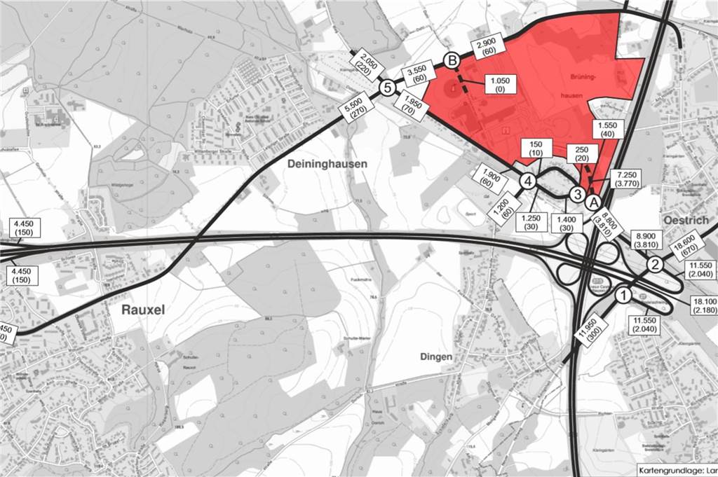 Umweltausschuss hat Sorge: Droht Castrop-Rauxel ein Verkehrskollaps? Diese Grafik zeigt die Straßen rund um das Knepper-Gelände (rot markiert) und die laut Gutachten zu erwartenden Verkehrsbewegungen, wenn das komplette Gewerbegebiet besiedelt ist. In Klammern die der Last- und Lieferwagen.