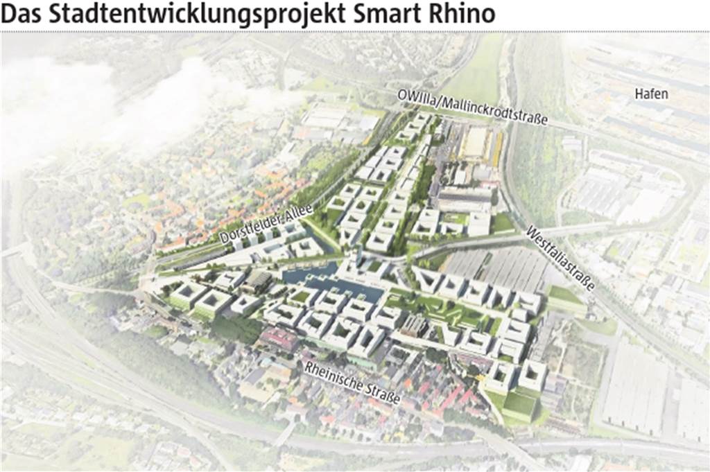 „Smart Rhino soll funktionieren wie das Google-Hauptquartier“ Diese Grafik zeigt, wie Smart Rhino in Dortmund Mitte der 2030er-Jahre aussehen könnte und wo das Quartier entsteht - zwischen Rheinischer Straße und OWIIIa am Hafen.